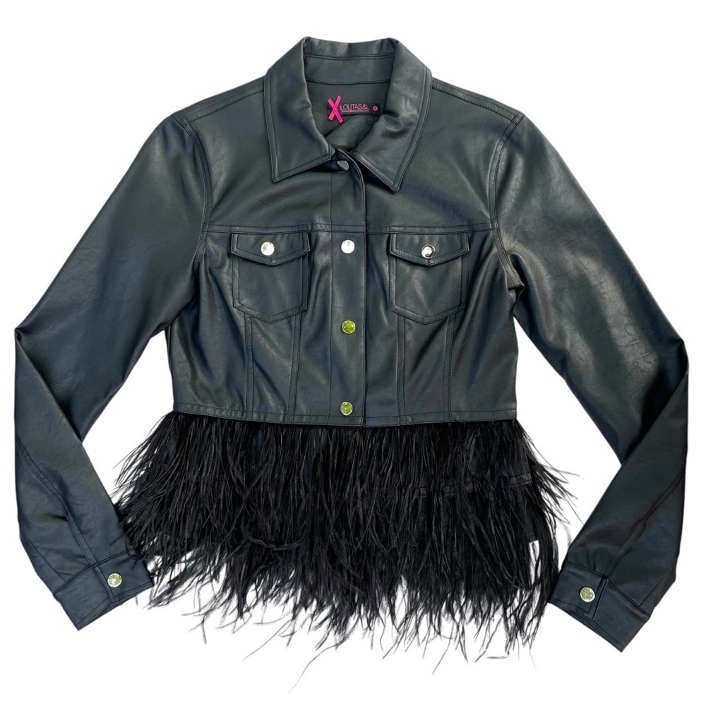 Lolitas&Lolos Black Cropped Leatherette Jacket S Feathers Snap Button Cute Goth